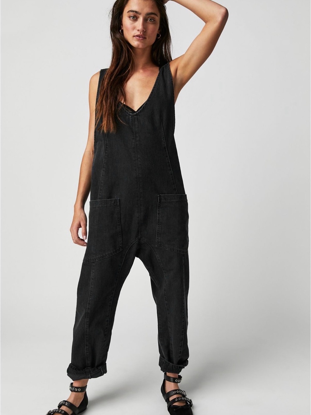 Free People Black Denim High Roller Sleeveless Jumpsuit